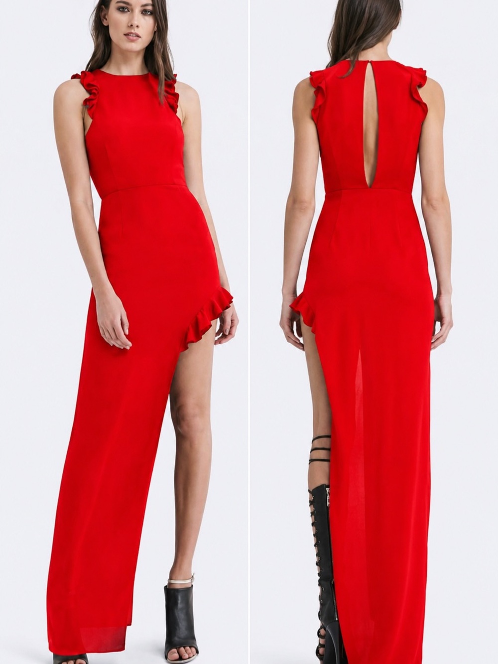 AQ/AQ Juan Dress Red Asymmetric Ruffle Maxi Gown Dress Size US 4